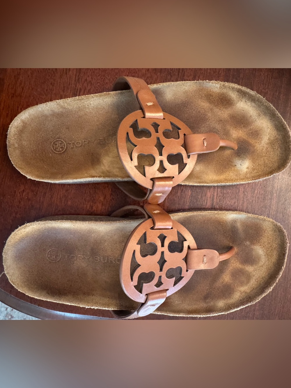 Tory Burch Cognac Leather Logo Miller Thong Sandals